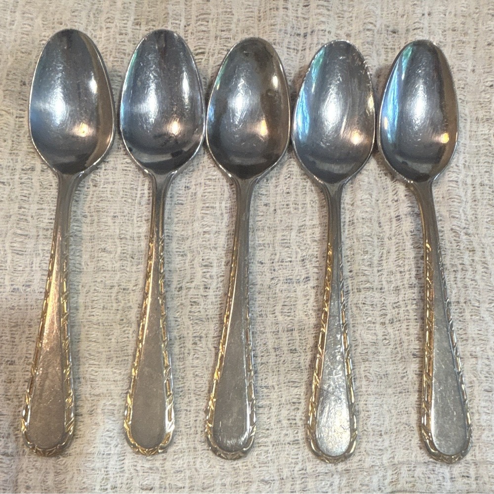 Roger Co Gold Trim, Stainless Steel Teaspoons Lot of 5